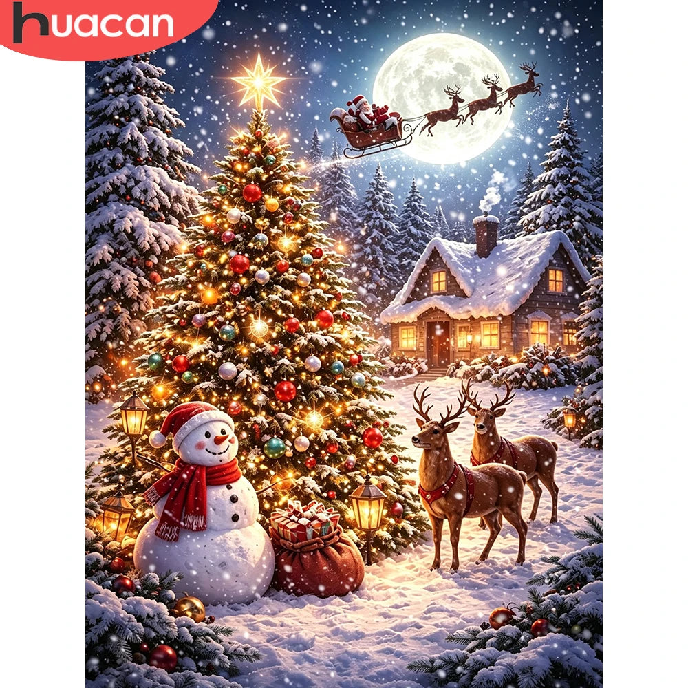 Broderie diamant de Noël avec un sapin illuminé, un bonhomme de neige, des rennes et un traîneau devant la pleine lune