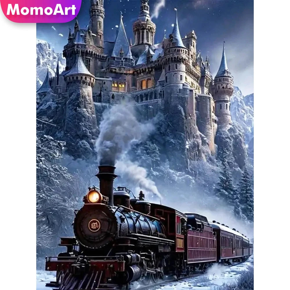 Broderie diamant d'une locomotive à vapeur noire roulant devant un grand château sous la neige