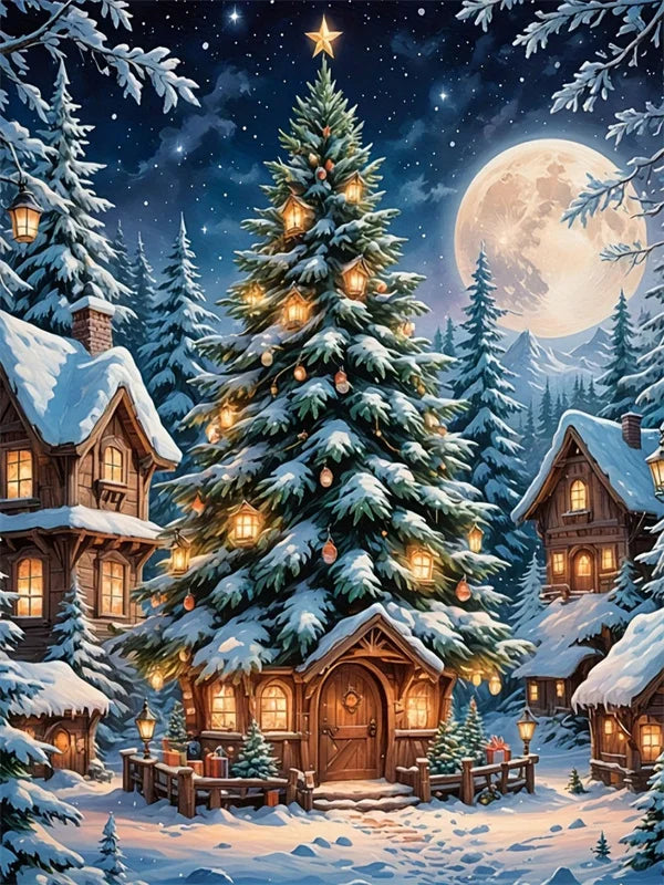 Broderie diamant d'un sapin enneigé entouré de chalets illuminés, sous une grande pleine lune