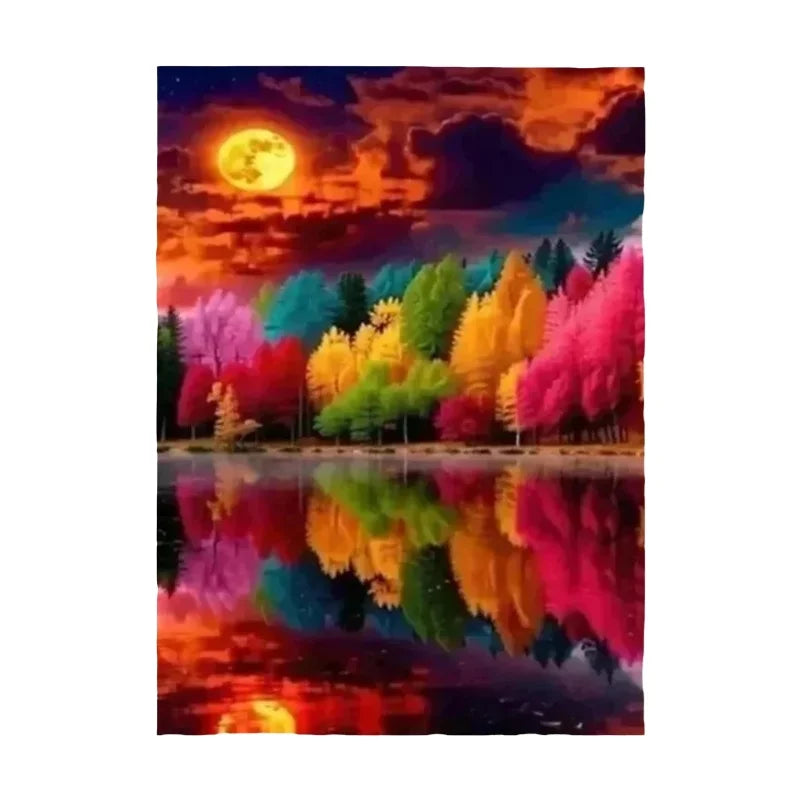 Broderie diamant d'une rangée d'arbres rouges, jaunes et verts reflétés dans un lac sous une pleine lune orange