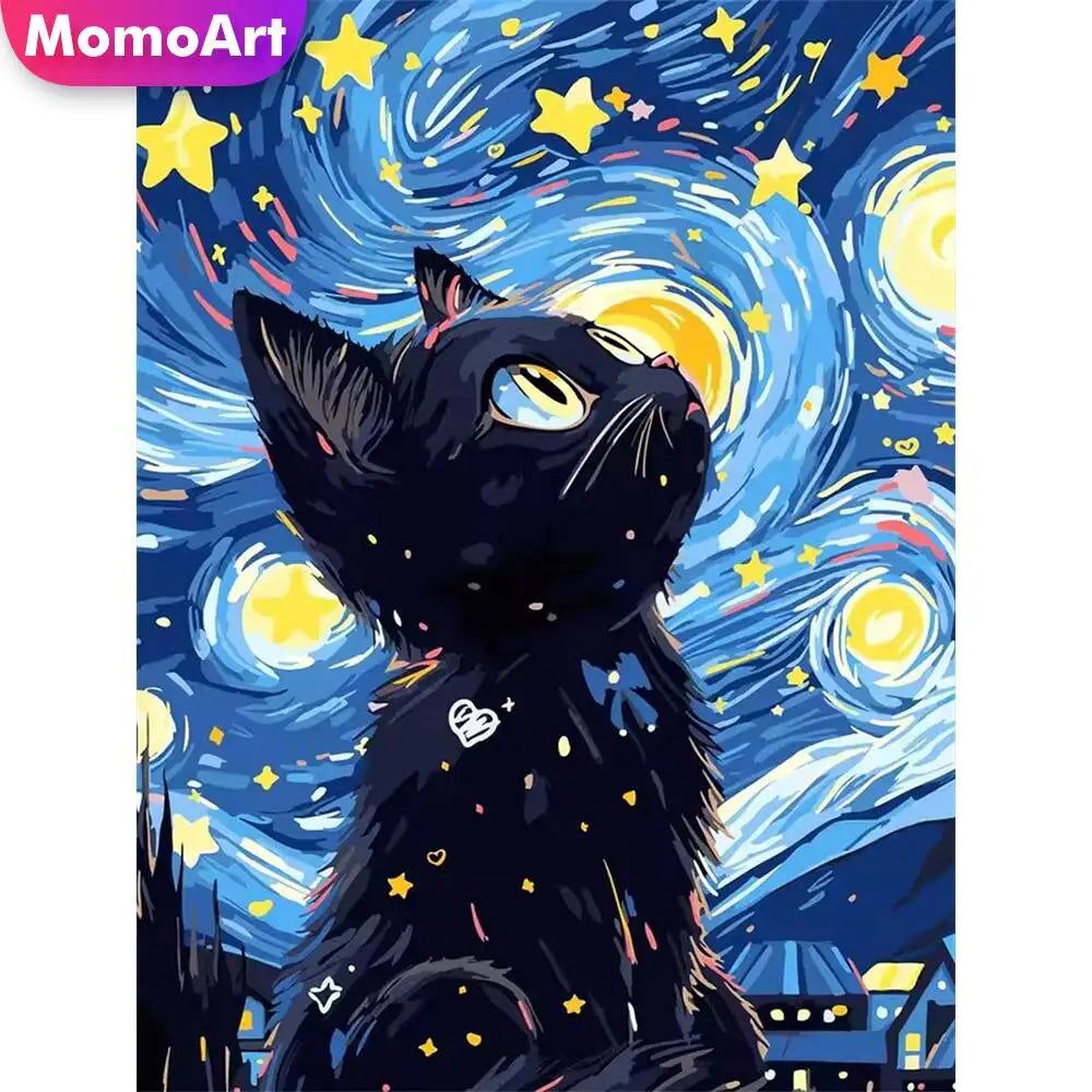 Broderie diamant d'un chat noir regardant un ciel bleu tourbillonnant rempli d'étoiles jaunes