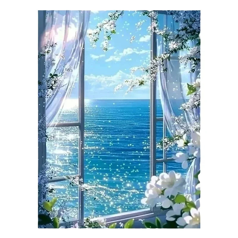 Broderie diamant d'une fenêtre ouverte sur une mer bleue étincelante, encadrée de rideaux et de fleurs blanches