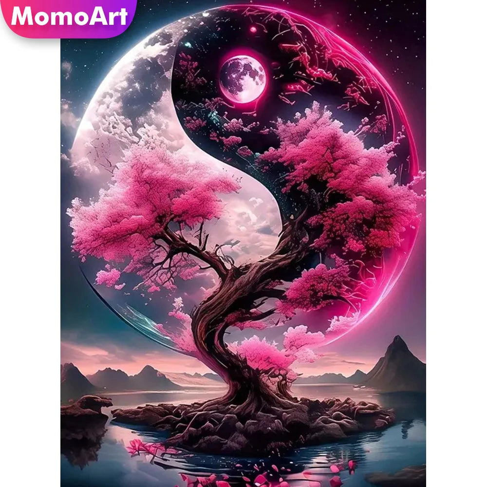 Broderie diamant d'un arbre aux feuilles roses dans un grand cercle de lune en forme de yin et yang