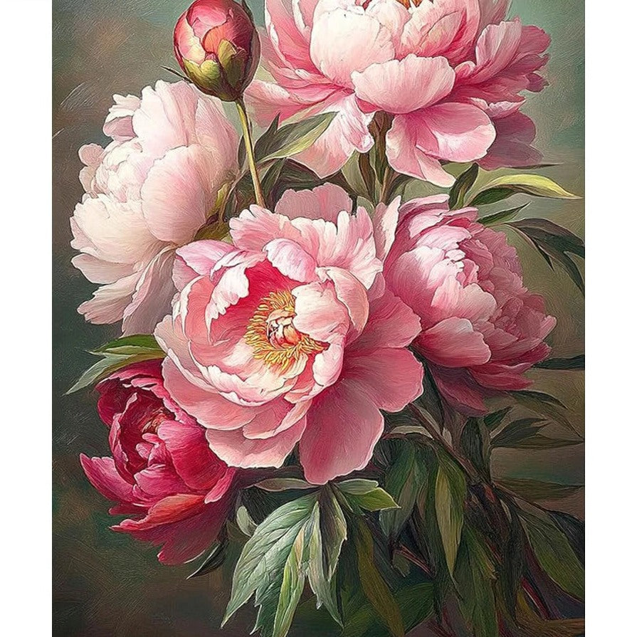 Broderie diamant de grandes pivoines roses en pleine floraison sur un fond vert sombre