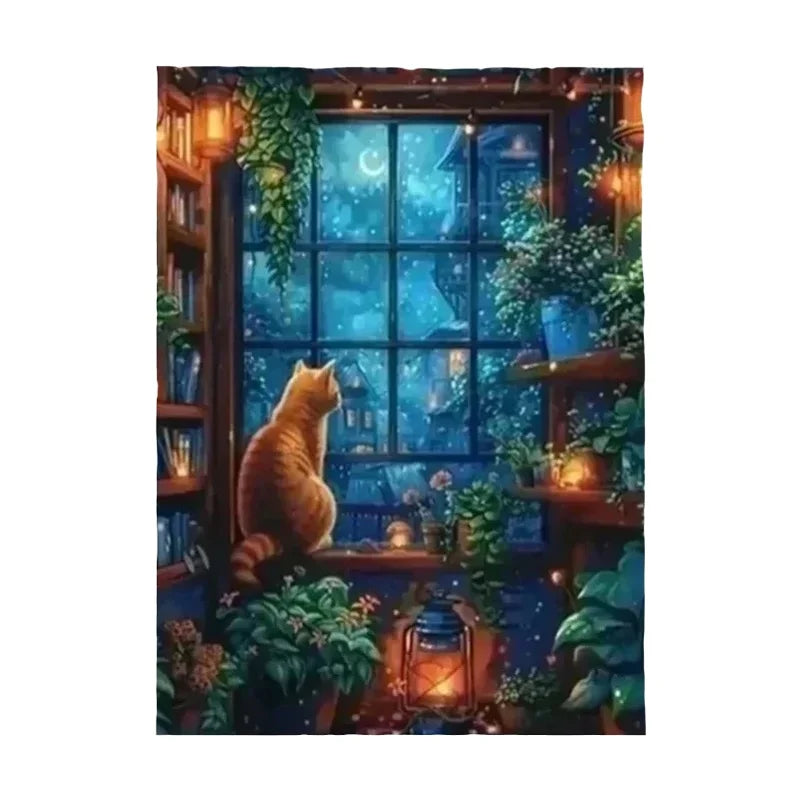 Broderie diamant d'un chat roux assis devant une grande fenêtre la nuit, entouré de plantes et de petites lumières