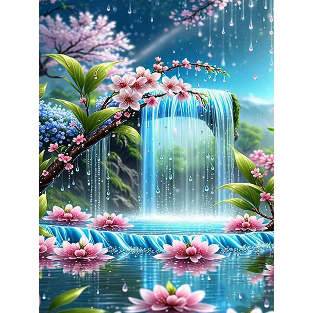 Broderie diamant d'une cascade turquoise bordée de branches de cerisier, avec des fleurs de lotus roses au premier plan