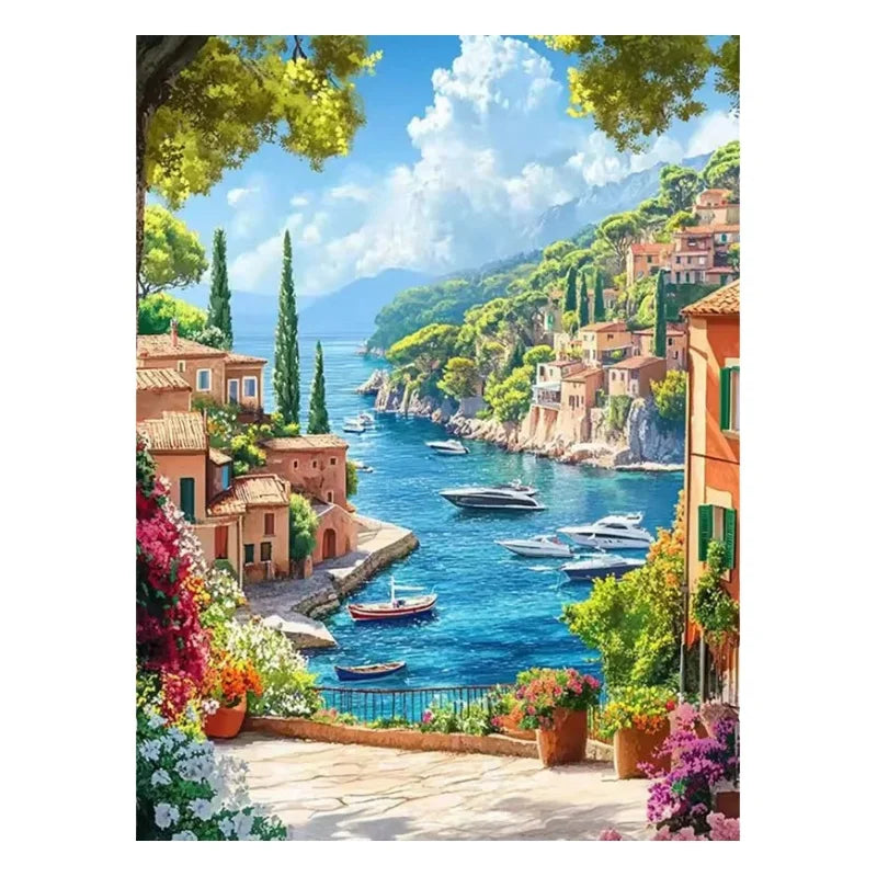 Broderie diamant d'un petit port avec bateaux, maisons colorées à flanc de colline et mer turquoise