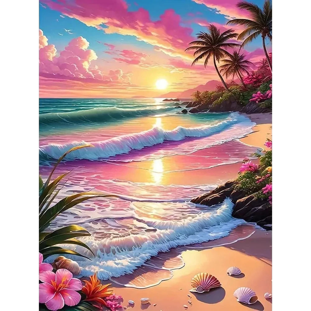 Broderie diamant d'un coucher de soleil rose et orange sur une plage avec vagues, palmier et coquillages