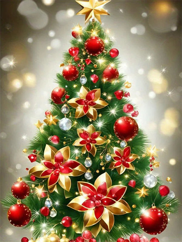 Broderie diamant d'un sapin de Noël décoré de boules rouges et d'étoiles de Noël dorées, sur un fond de lumières