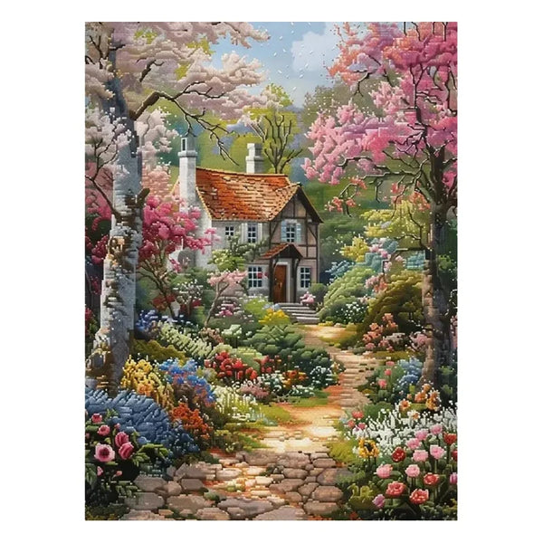 Broderie diamant d'un cottage au toit rouge au bout d'un chemin de pierre bordé de fleurs et d'arbres roses