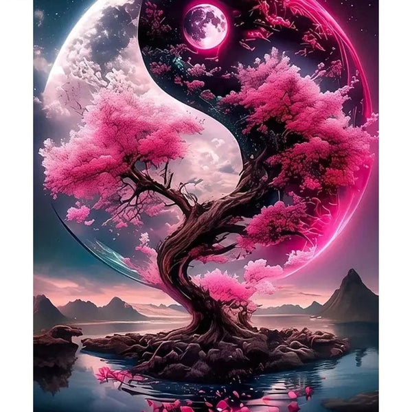 Broderie diamant d'un arbre aux feuilles roses dans un grand cercle de lune en forme de yin et yang
