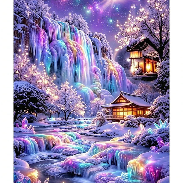 Broderie diamant d'une cascade de glace aux reflets violets et turquoise, avec des chalets éclairés sous un ciel étoilé
