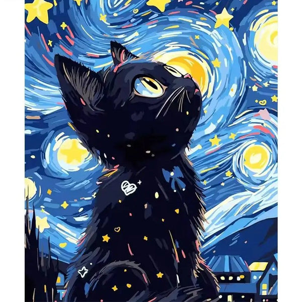 Broderie diamant d'un chat noir regardant un ciel bleu tourbillonnant rempli d'étoiles jaunes