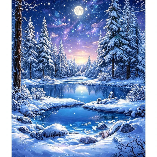 Broderie diamant d'une forêt de sapins enneigés au bord d'un lac, sous un ciel nocturne bleu et une lune