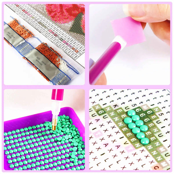 Gros plans du kit : diamants triés, stylo, plateau et symboles de la toile