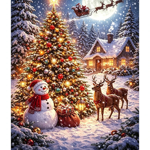 Broderie diamant de Noël avec un sapin illuminé, un bonhomme de neige, des rennes et un traîneau devant la pleine lune