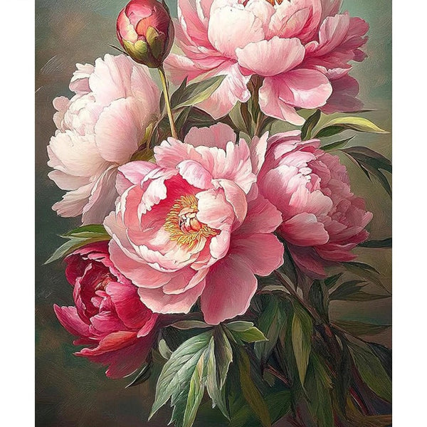 Broderie diamant de grandes pivoines roses en pleine floraison sur un fond vert sombre