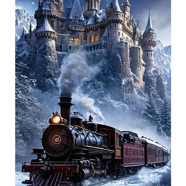 Broderie diamant d'une locomotive à vapeur noire roulant devant un grand château sous la neige